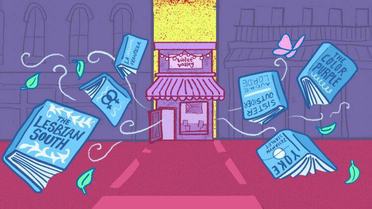 An illustration by Anna Lee Cai. A violet bookstore is centered between two large, dark purple buildings. It appears to occupy and alleyway between the buildings. The sky behind it is lit by bright hues. Light blue books float out of its front door with queer-focused titles, along with leaves and tiny white lines that indicate wind.