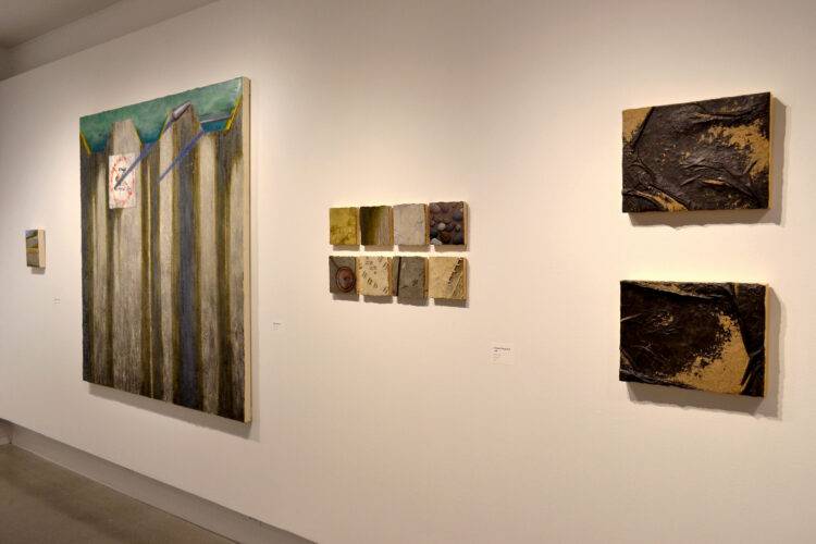 Photo of a cluster of works from "Ache of Erosion" at SITE Gallery.