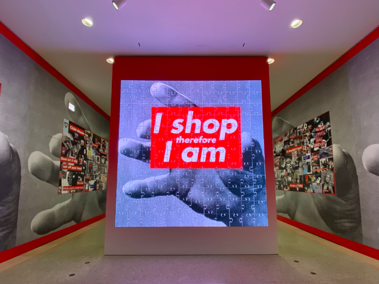 A photo of a video installation by Barbara Kruger at the AIC.