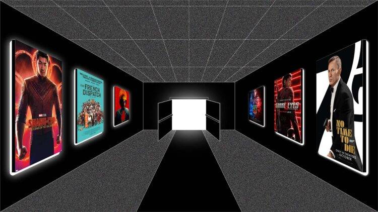 An illustration created in one-point perspective that looks down the hall of a movie theater. The left walls are lined with movie posters from the films, "Shang-Chi and the Legend of the Ten Rings," "The French Dispatch," and "The Green Knight." The right wall is lined with posters for the films "No Time to Die," Snake Eyes," and "Last Night in Soho." At the end of the hall are a set of illuminated doors, alluding to an awaiting screen.