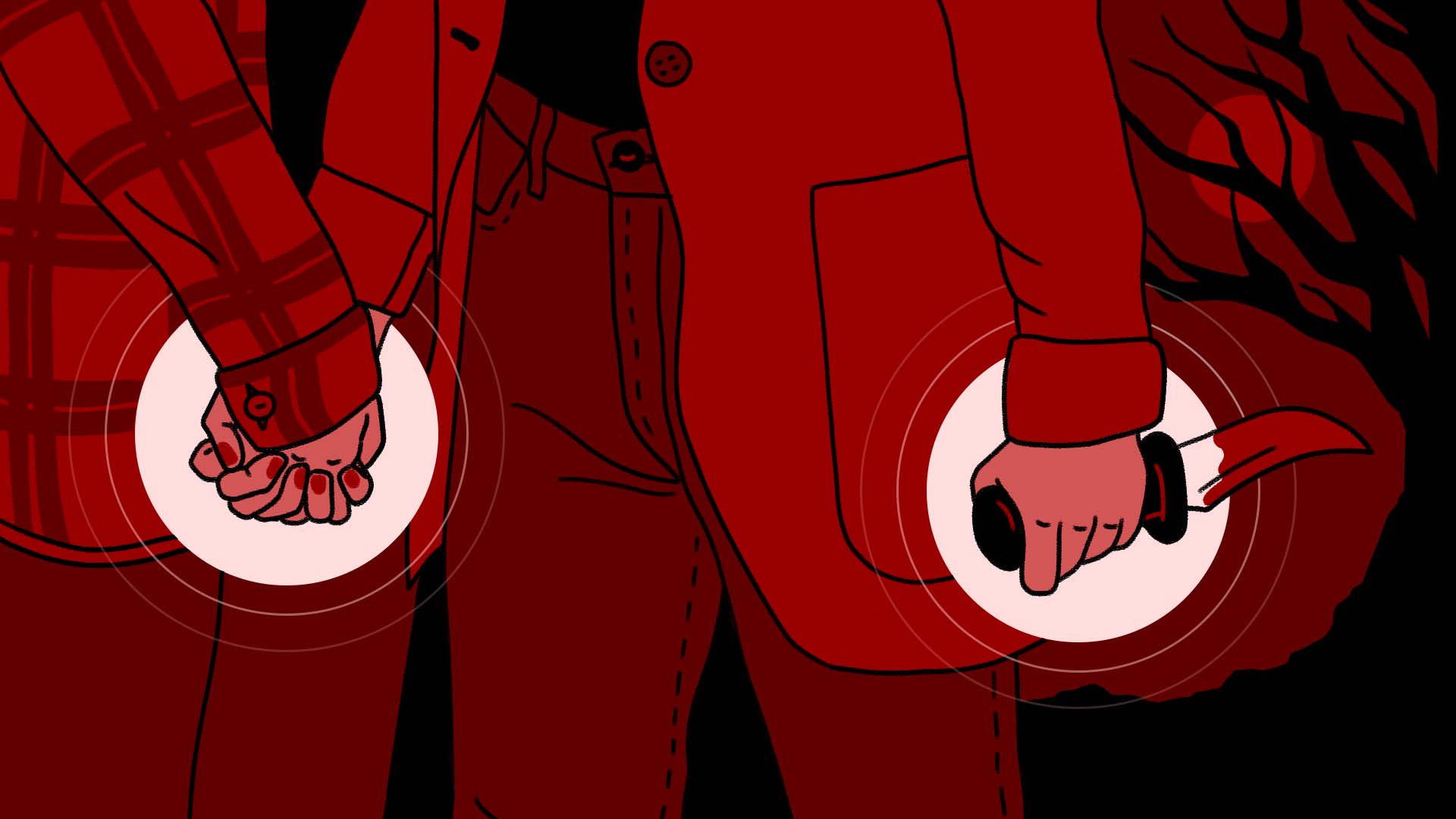 This image shows two people holding hands. They are rendered in a closeup frame, thus they are only shown from torso to knee. The image is made with mostly red and black, with the exception of two white circles around their hands, hightlighting them. The person on the right is holding a knife, alluding to upcoming strife. This image accompanies a list of queer horror movies.