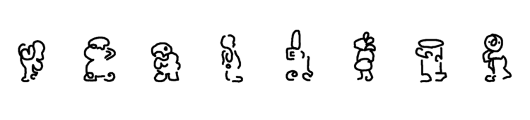 Eight small figures drawn with wiggly black lines. Stand horizontally next to each other. Not recognizable creatures, but do have characteristics of known animals and humans. 