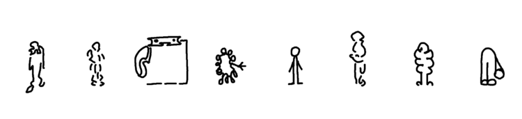 Eight small figures drawn with wiggly black lines. Stand horizontally next to each other. Not recognizable creatures, but do have characteristics of known animals and humans.
