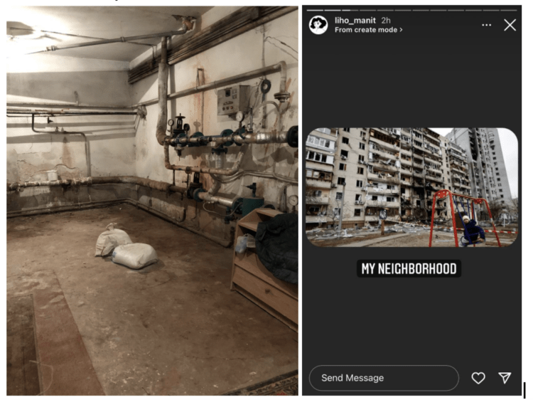 side-by-side screenshots. The one on the left shows an empty basement with two sandbags thrown into a corner. The one on the right shows a scree grab of an Instagram story with a photo of a burnt out apartment building and the caption "my neighborhood."