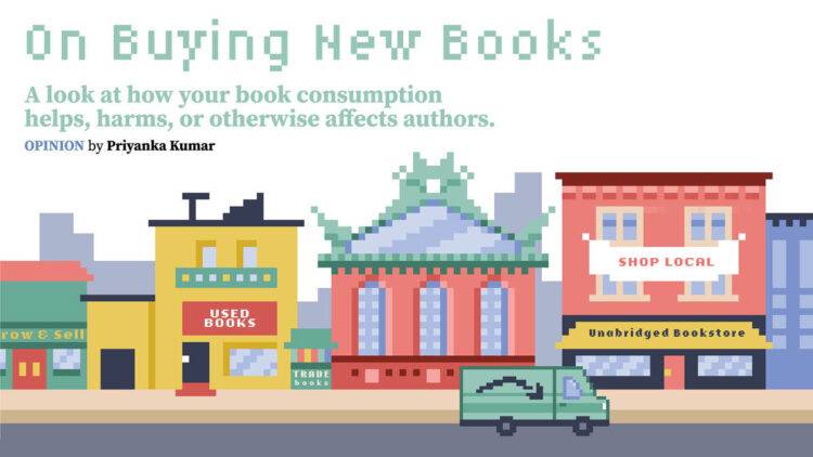 A row of pixelated buildings that represent different ways of buying books. From left to right: a green house with the words "Borrow and Sell", a yellow building with a banner that reads "USED BOOKS," the Harold Washington Library, and Unabridged Bookstore with a banner that says "shop local." An Amazon truck is driving in front of them.