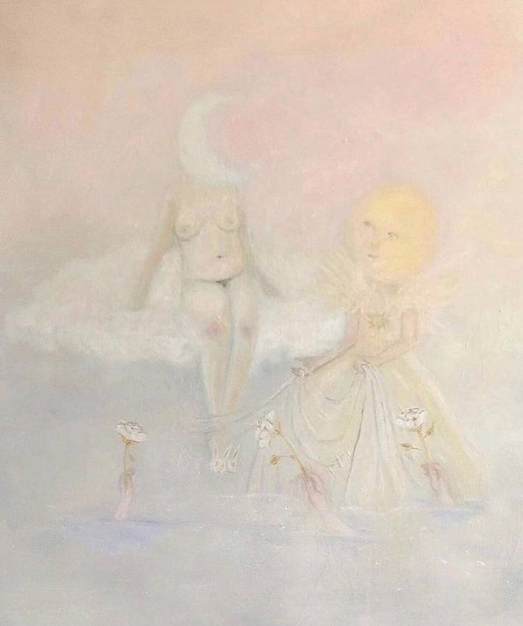 A painting of two figures, one nude and the other dressed. The nude figure has a white crescent moon for a head, while the other has a pale, yellow sun.