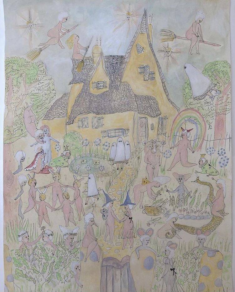 A rustic, yellow house surrounded by celebrating figures — fantastical nude beings, white-sheet ghosts and animals.
