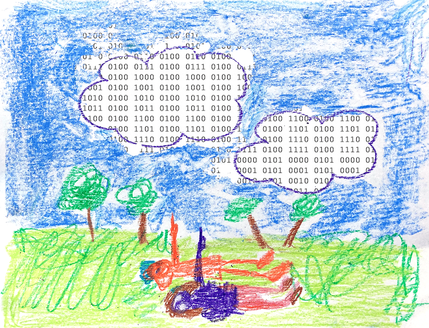 Crayon scribbled people lying on a grassy lawn, pointing toward clouds in the sky. The clouds are filled with binary code.