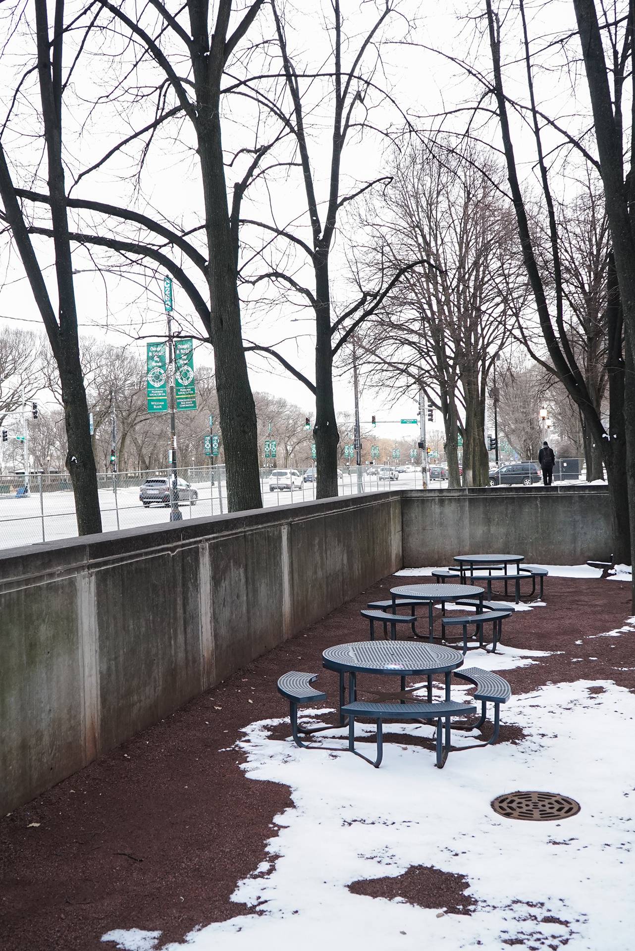 Snowy benches outside the 280 building.