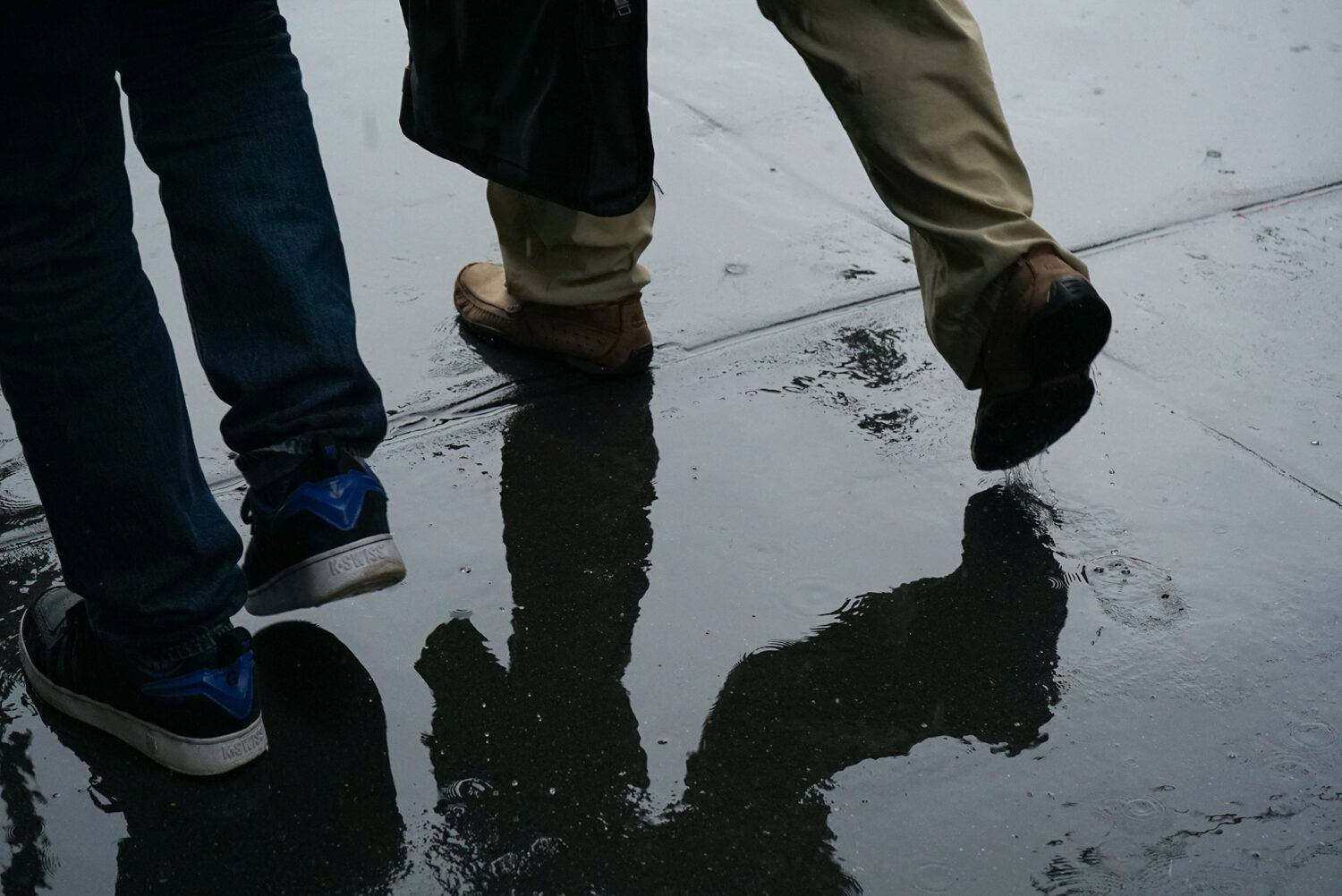 People's legs walking in rain.