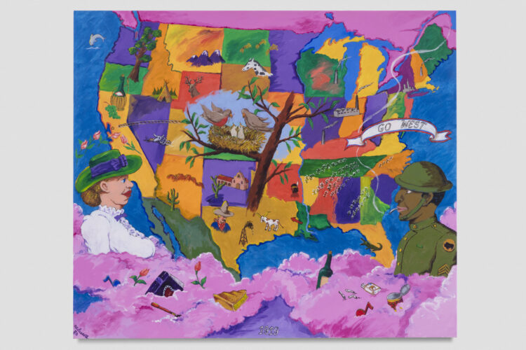 Two figures, a white woman and a Black male, preside over a sweetly colored map of the USA.