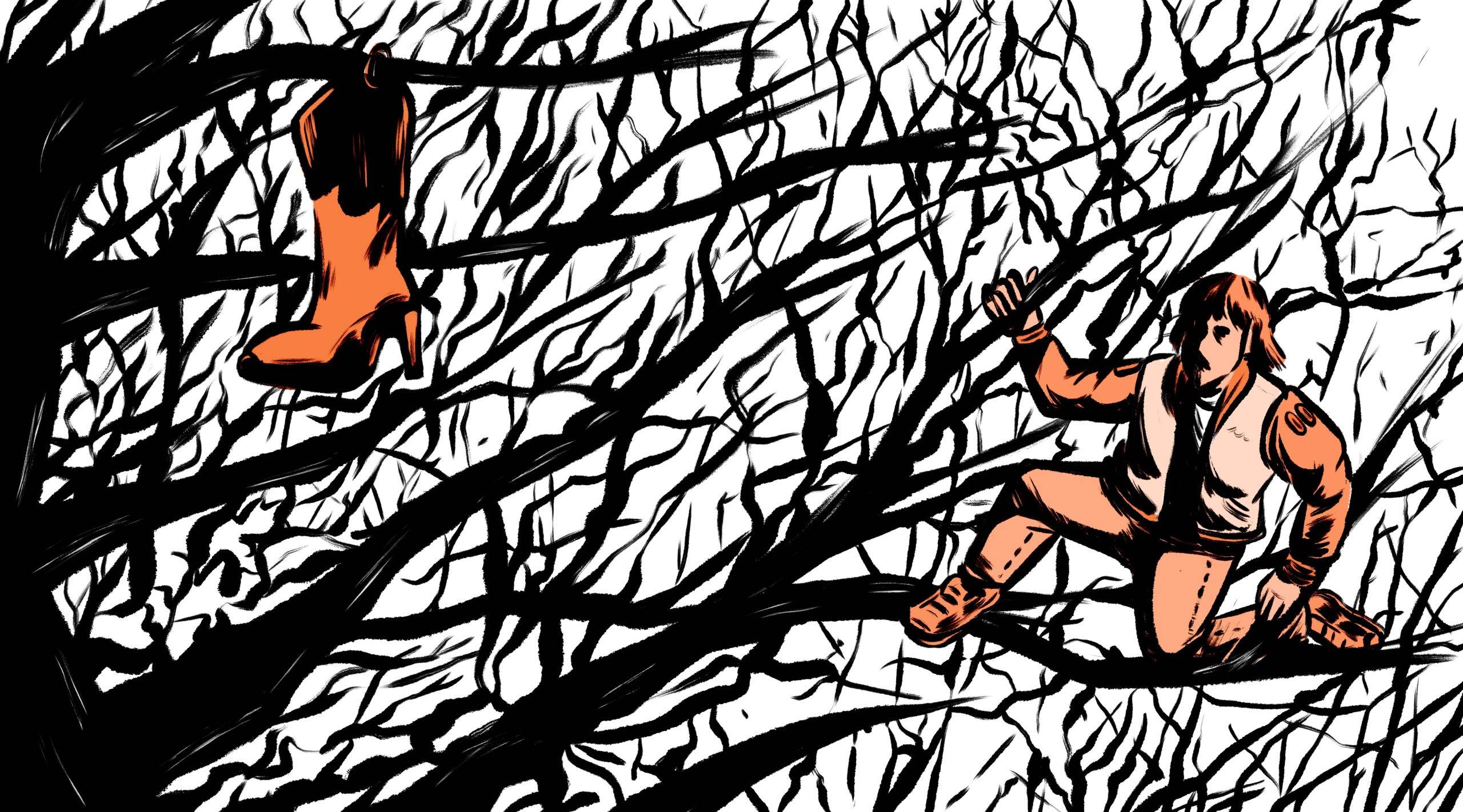 illustration showing a cowboy boot clipped to the branch of a wispy tree. A person is holding onto other branches, gazing and moving toward the boot.