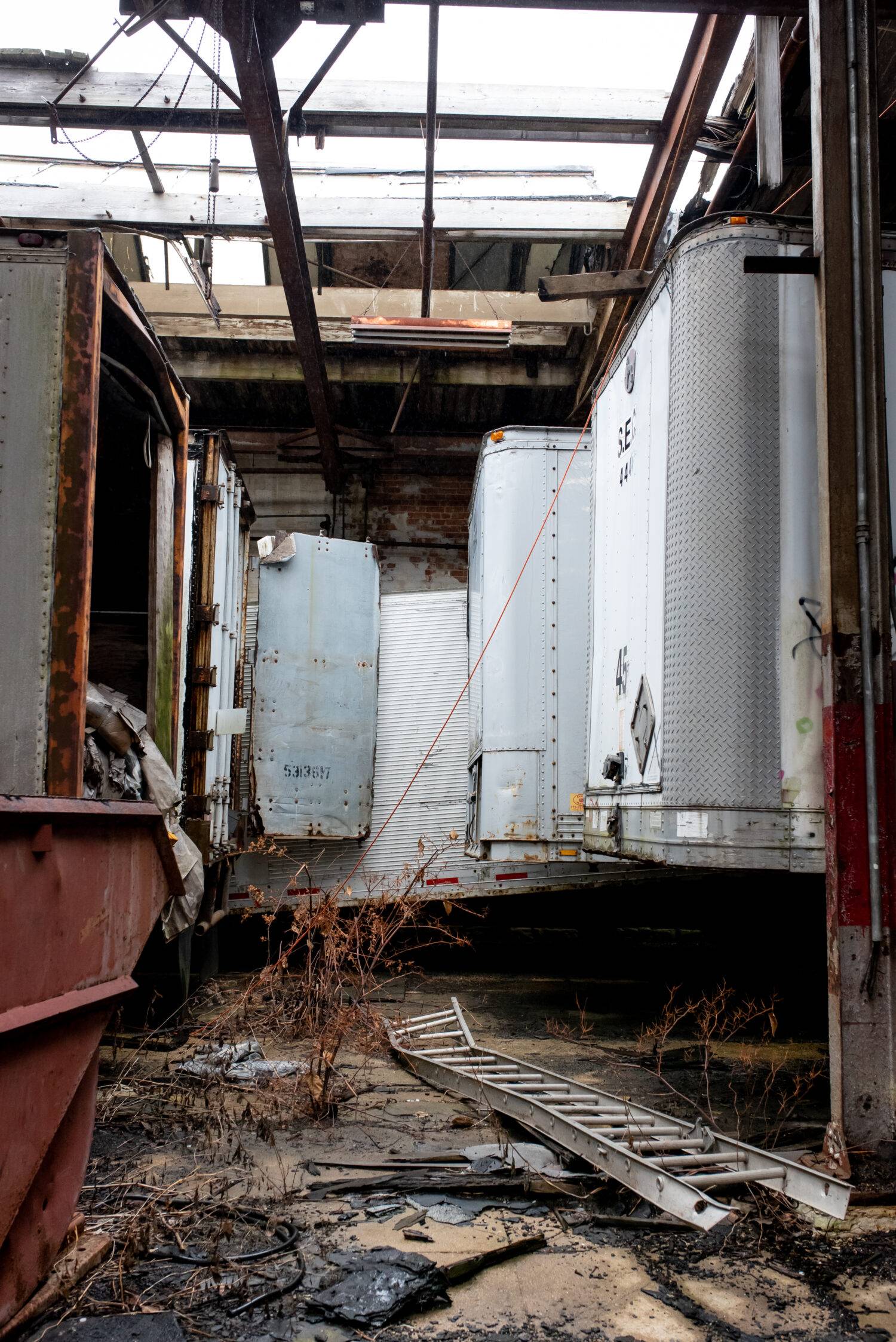 Semi-truck trailers densely packed together in the Resource Center. Some areas of the warehouse’s roof have caved in, encouraging plant life to grow among the stores of materials.