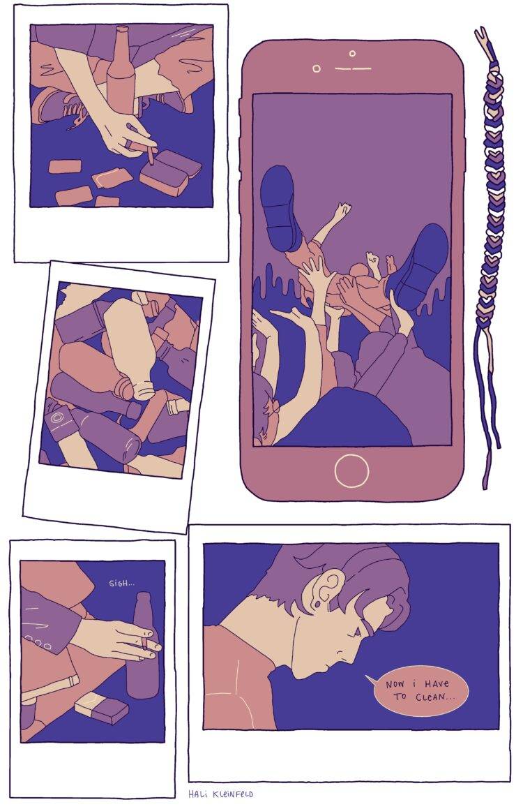 The second page features two more polaroids, one with somebody smoking a cigarette and drinking a beer while the other is just a pile of empty bottles. There is a smartphone on the right side of the page showing what looks to be a photo of somebody crowd surfing at a concert. The second-to-last polaroid contains a hand holding a cigarette and a beer with the caption "sigh..." The final polaroid shows the character we've seen partying in the previous photos, this time saying "now I have to clean..."