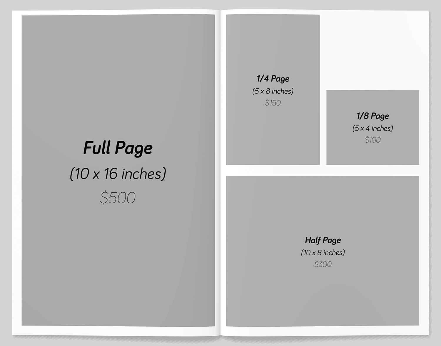 Sizes and rates of ads in print issues