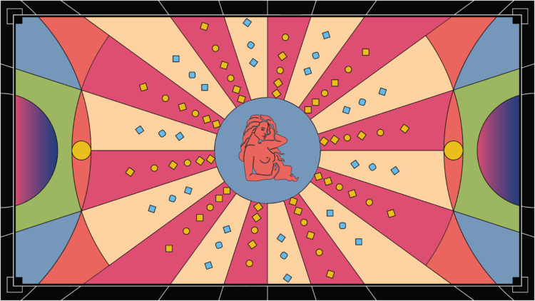 An illustration of a pink virgo woman against a light blue circle. Around the circle are alternating colors of pink and cream. Each alternating section has little diamonds leading the eye to the woman in the center. 