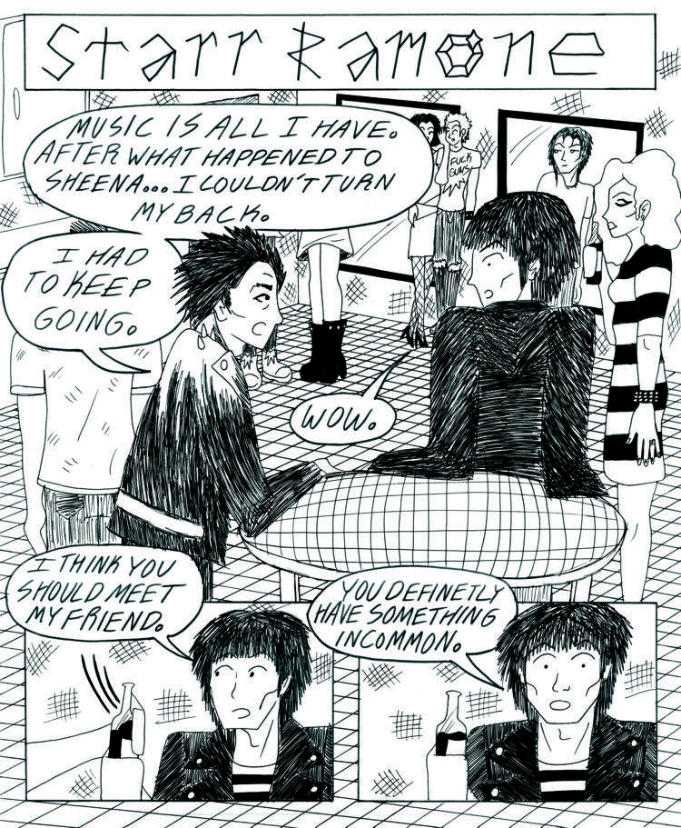 PAGE ONE Panel 1. Kenji Davenport and Dee Dee Ramone talk in the kitchen of a crowded house party. Kenji says, "Music is all I have. After what happened to Sheena… I couldn’t turn my back. I had to keep going." Dee Dee replies, "Wow." Panel 2. Dee Dee gets passed a drink from a partygoer. Dee Dee says, "I think you should meet my friend." Panel 3. Dee Dee looks back to Kenji and continues, "You definitely have something in common."
