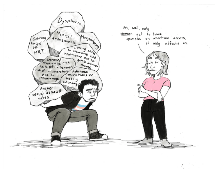 Transcript: An editorial comic of a transmasculine person with a trans flag shirt grimacing at a smug-looking woman in a pink shirt. The transmasculine person is being weighed down by rocks reading "getting forced off HRT," "dysphoria," "medical transphobia," "misgendering," "higher sexual assault rates," "losing insurance and access to care due to gender marker change," "increased miscarriage risk due to HRT = increased risk of incarceration due to miscarriage," and "additional restrictions on bodily autonomy." The woman is saying "um, well, only women get to have opinions on abortion access, it only affects us."