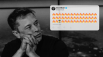 A black and white photo of Elon Musk looking to his left. He's looking at a twitter post that shows emojis of fire surrounding an artist.
