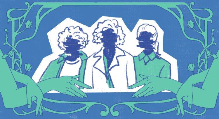 A drawing of the three main characters from "The Imperfects." Their faces are blacked out and there is a glitch effect distorting them. Around the edges of the illustration is a floral frame and hands coming in from either side.