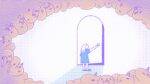 An illustration of a young girl opening door that is much bigger than her. All around her is a cloud of many unicorns looking at her.