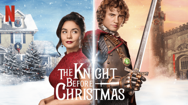 A poster for "The Knight Before Christmas" that is split down the middle. On the left hand side is Vanessa Hudges in a red dress and a blue winter themed background. She is looking to the side. On the right is a knight dressed in full armor and holding a sword.