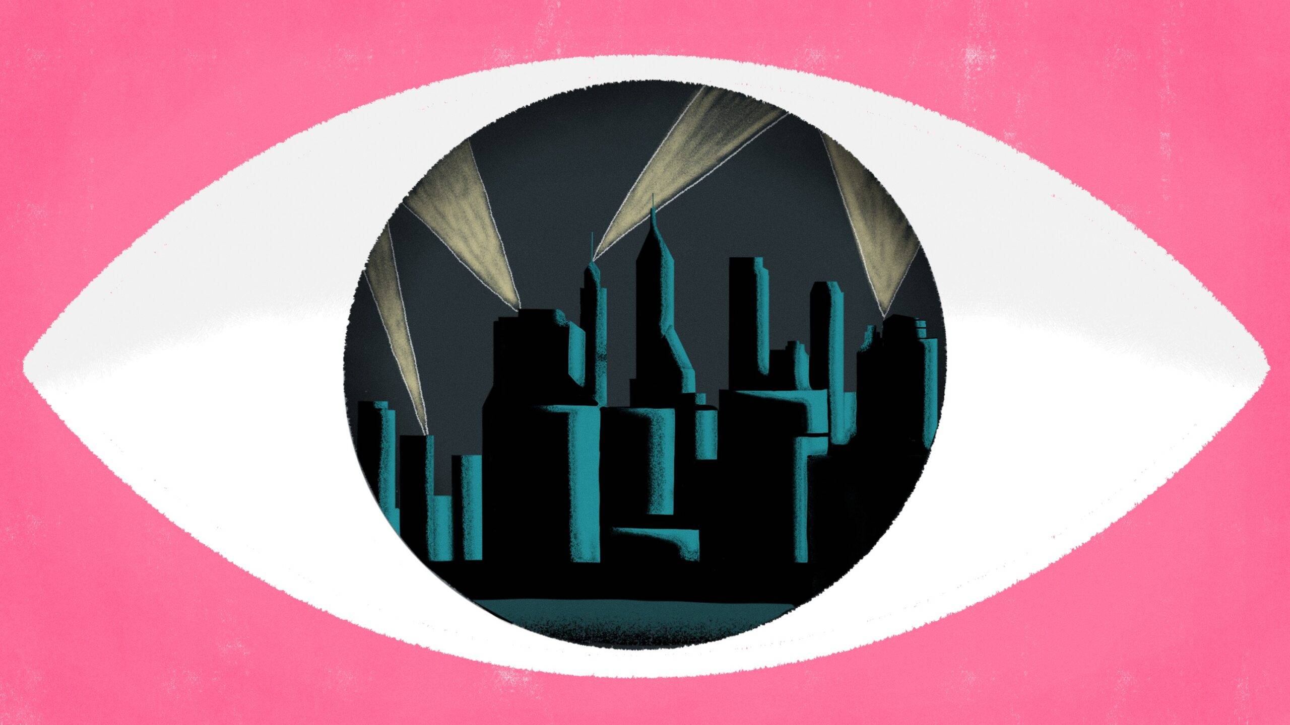 A city skyline filled with spotlights, in the center of an eye.
