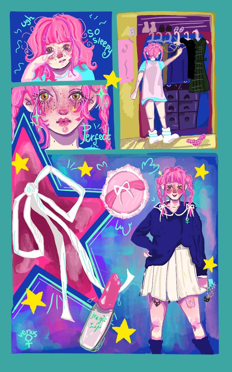 Panel 1: Venus is applying makeup under her eyes and says “UGH” “So Sleepy." Panel 2: We now see Venus with her hair up and makeup on and the words "Perfect." Panel 3: She is now searching her closet for an outfit. Panel 4: Now the transformation is complete and Venus is in her outfit for the day.