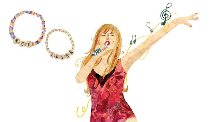 A drawing of Taylor Swift performing in her pink "Lover" body suit. Music notes surround her and to the left are two large friendship bracelets.